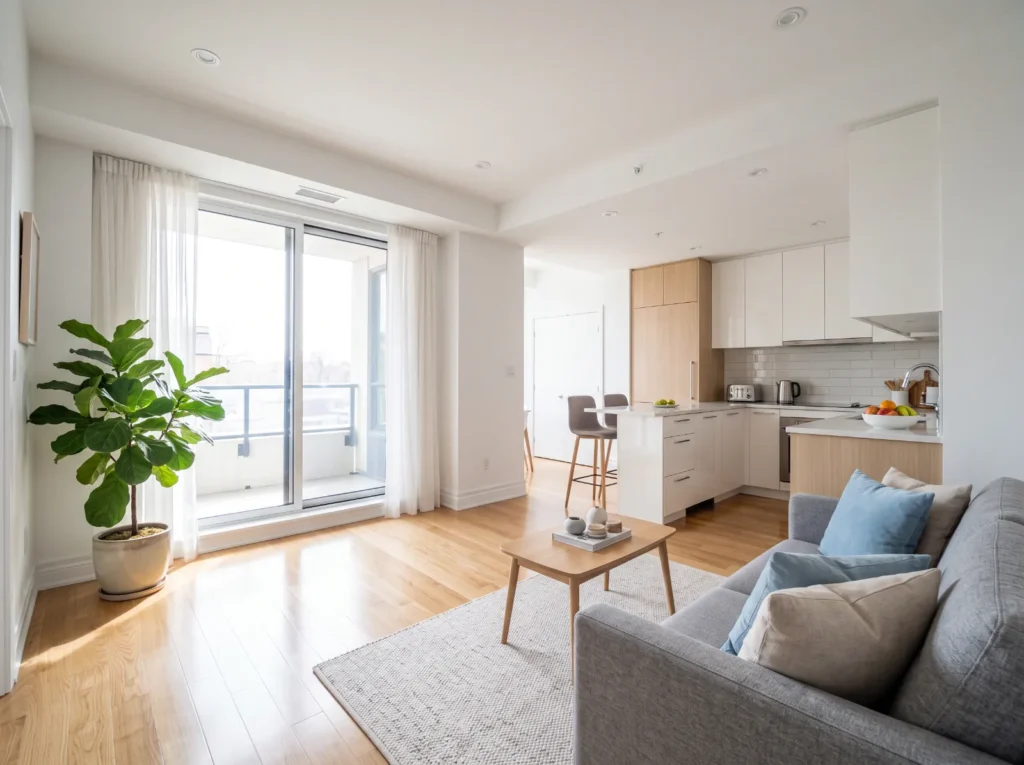 Clean, bright apartment living room and kitchen