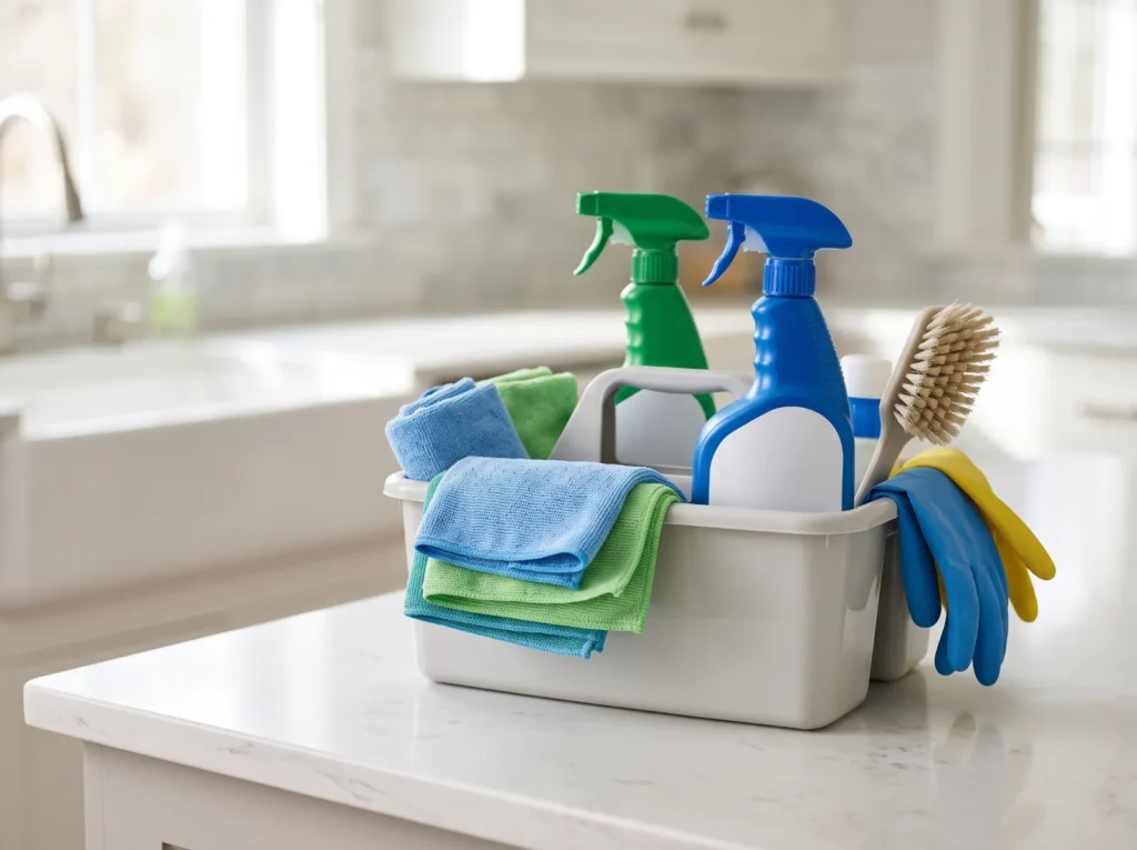 Green and blue cleaning supplies organized in a caddy on a kitchen counter