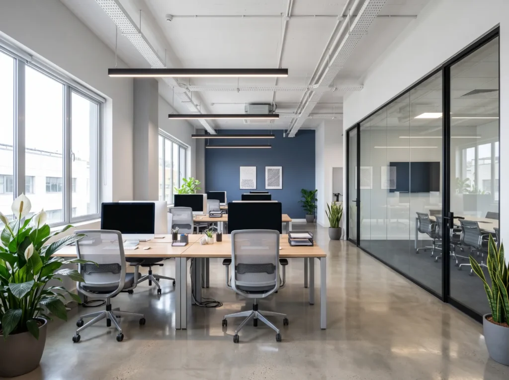 Clean modern office with tidy desks after commercial cleaning