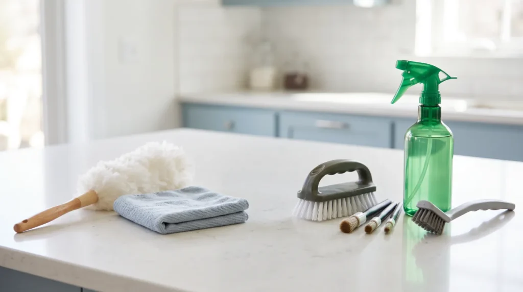 Regular cleaning tools next to deep cleaning brushes on a counter