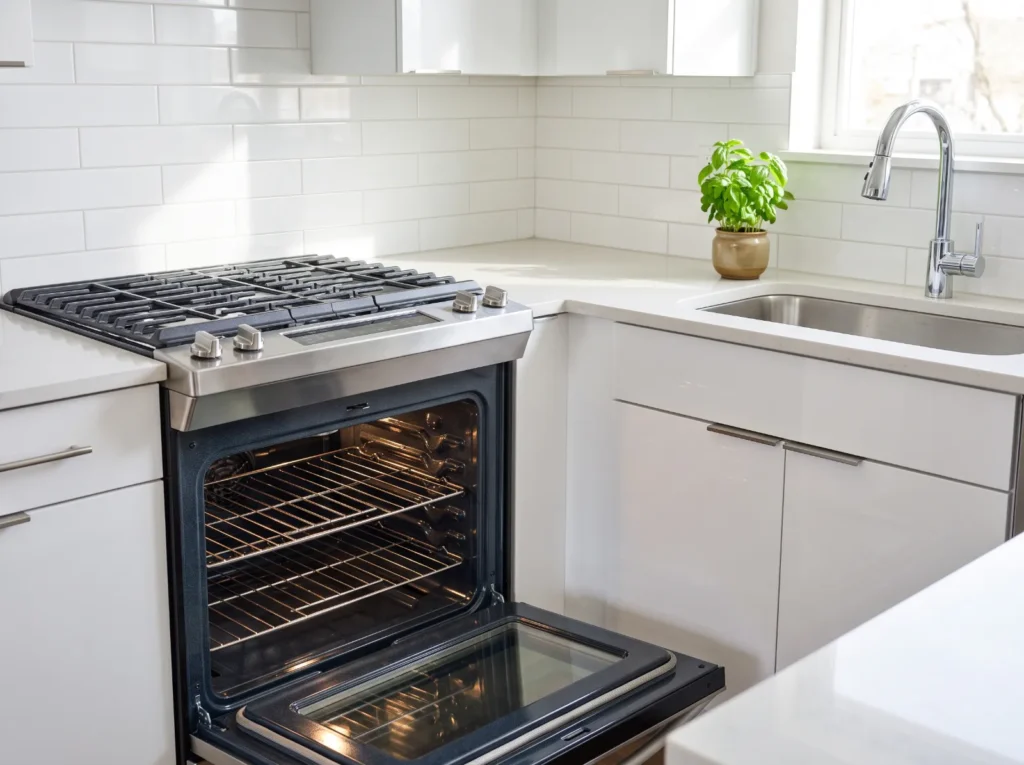 Deep-cleaned kitchen with a spotless oven, stovetop and cabinets