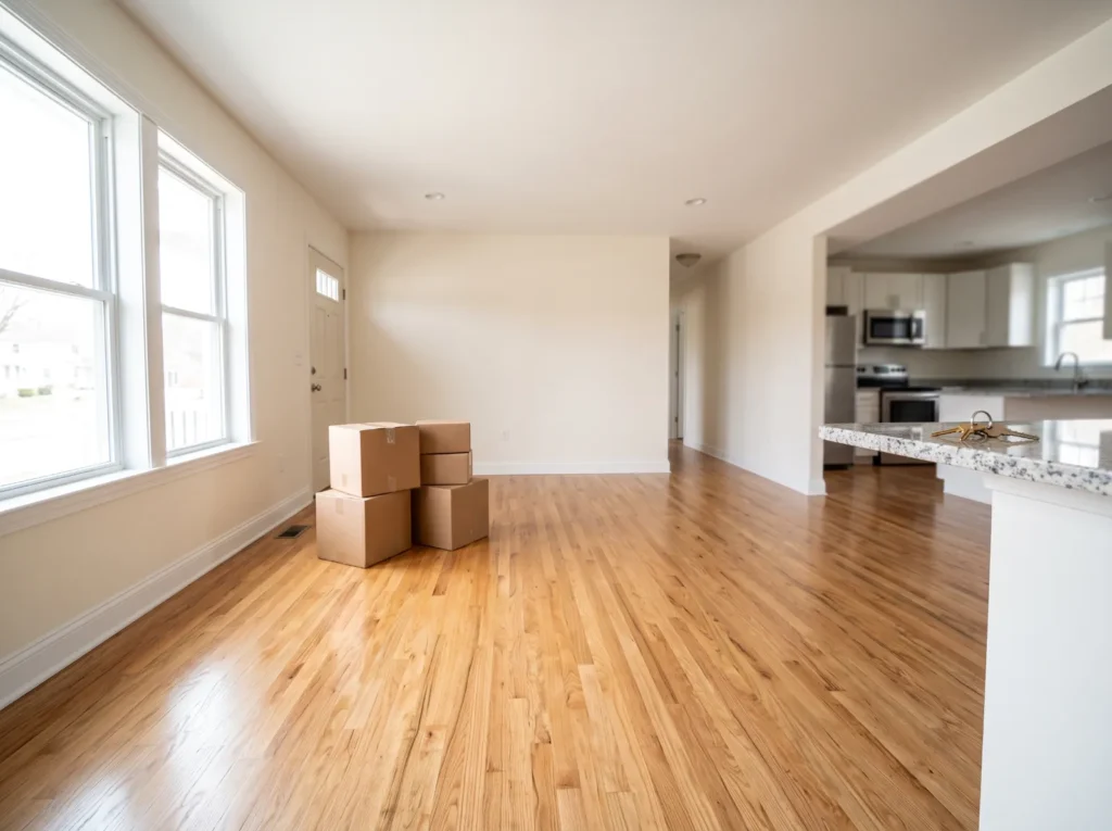 Empty living room cleaned for move-in, with moving boxes by the door