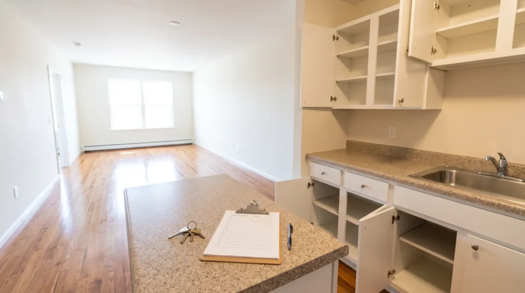 Empty apartment kitchen with keys and a checklist on move-out day