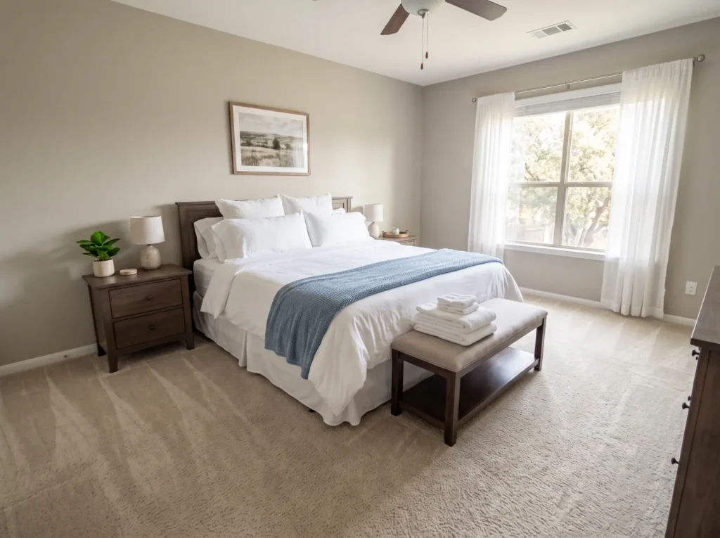 Tidy bedroom with a freshly made bed after regular house cleaning