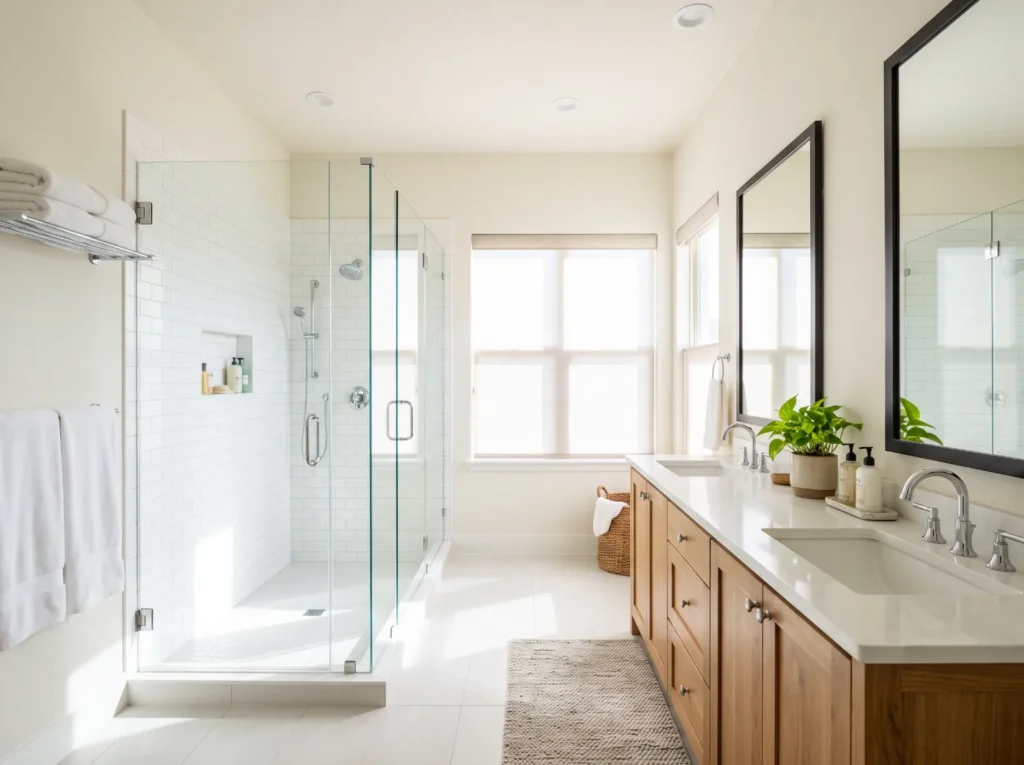 Sparkling clean bathroom with a clear glass shower in a Texas home